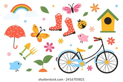Cute set of spring elements for design. Bicycle, umbrella, rubber boots, flowers, birds, insects, birdhouse. Vector illustration isolated on white background.