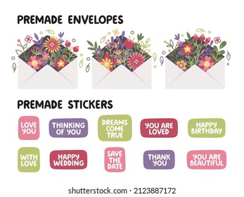 Cute set of spring flowers in an envelope with different stickers. Floral mail. Vector design concept for Mother's Day and other