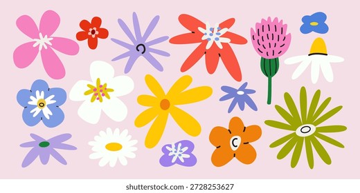 Lindo conjunto de flores de primavera en estilo groovy dibujado a mano para pegatinas, tarjetas de felicitación, Anuncio, parches, etiquetas, sellos. Colección hippie de flores silvestres botánicas de moda