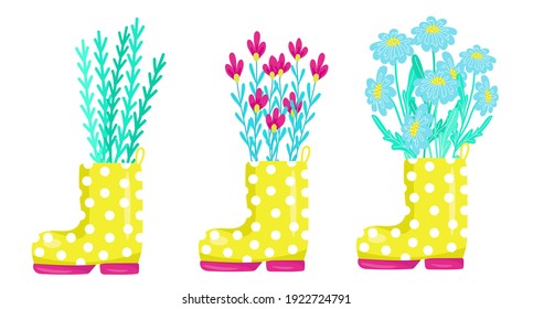 
Cute set spring flowers in yellow rubber boots, design and decor element, spring composition, vector illustration in cartoon style, hand draw.
