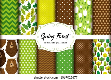 Cute set of Spring Forest seamless patterns with bears, leaves, floral elements, branches etc