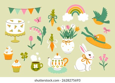 Cute set of spring items in delicate colors. Vector graphics