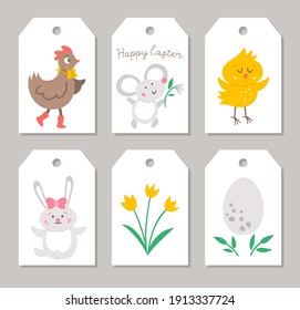 Cute set of Spring price tag templates with hen, bunny, egg, chicken, flowers. Vector Easter card designs. Religious holiday seasonal shop badge or label.  
