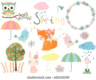 Cute set for spring and summer with animals and design elements for greeting cards, invitations and scrapbooking