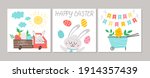 Cute set of square Easter cards with Bunny, colored eggs, cute wheel barrow with chick. Vector spring print design templates. Religious holiday seasonal banner or poster templates.  
