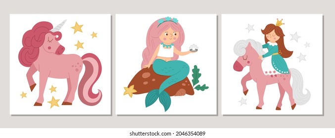 Cute set of square fairytale cards with princess on a pink horse, mermaid, unicorn. Vector fairy tale print templates with cute girlish characters. Fantasy design for tags, postcards, invitation