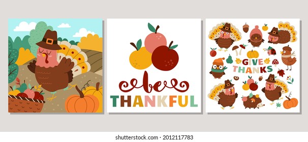 Cute set of square Thanksgiving cards with turkey, forest animals, harvest. Vector autumn holiday print templates with cute rural scene. Fall design for tags, postcards, invitations, ads
