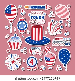 Cute set of stickers with cartoon patriotic symbols of USA Independence day for planners, notebooks. Ready for print list of cute stickers. Fireworks, hat, medal, cupcake, balloons, flag, lettering.