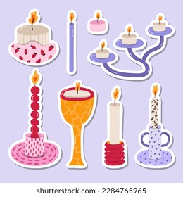 Cute set of stickers with ceramic candlesticks with colorful patterns. Hand drawn vector doodle illustrations. Different shapes for scandinavian home. Trendy craft candle holder in the style of 70s.