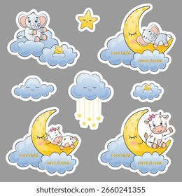 cute set of stickers with clouds, moon and stars, good night