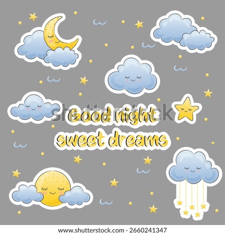 cute set of stickers with clouds, moon and stars, good night