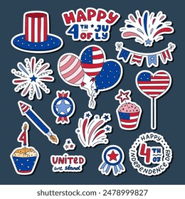 Cute set of stickers with doodle patriotic symbols of USA Independence day for planners, notebooks. Ready for print list of cute stickers. Fireworks, hat, medal, cupcake, balloons, flag, lettering