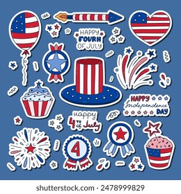 Cute set of stickers with doodle patriotic symbols of USA Independence day for planners, notebooks. Ready for print list of cute stickers. Fireworks, hat, medal, cupcake, balloons, flag, lettering