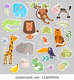 Cute set of stickers of safari animals and flowers. Savanna and safari funny cartoon sticker animals. Jungle animals vector set of sticker elements. Crocodile, giraffe, lion and monkey, and other