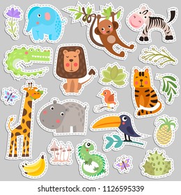 Cute set of stickers of safari animals and flowers. Savanna and safari funny cartoon sticker animals. Jungle animals vector set of sticker elements. Crocodile, giraffe, lion and monkey, and other