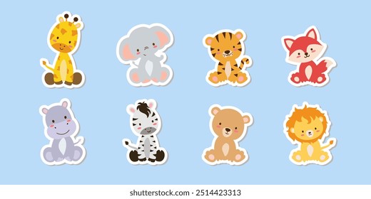 Cute set of stickers of safari animals  Savanna and safari funny cartoon sticker animals. Jungle animals vector set of sticker elements. , giraffe, lion and  and other