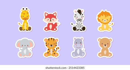 Cute set of stickers of safari animals Jungle animals vector set of sticker elements giraffe, lion and other