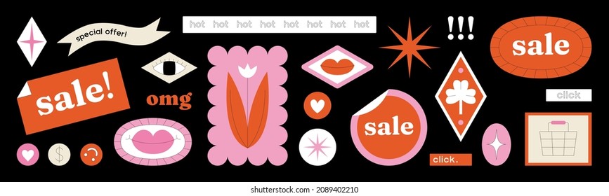 Cute set of stickers. Sale. Online beauty shopping. Vector illustration. Promo label stickers can be used in web or typographic design (banners, apps, package, posters, flyers).