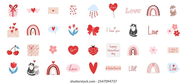 Cute set of stickers for Valentines day. Vector illustration different love and romantic elements, love, heart, flower. Collection for planner, greeting card, love letter or diary