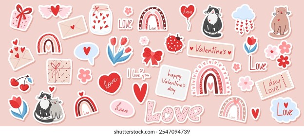 Cute set of stickers for Valentines day. Vector illustration different love and romantic elements, love, heart, flower. Collection for planner, greeting card, love letter or diary