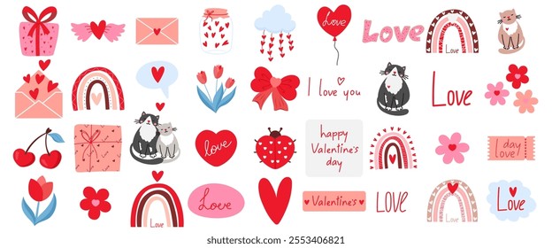 Cute set of stickers for Valentines day. Vector illustration different love and romantic elements, love, heart, flower. Collection for planner, greeting card, love letter or diary