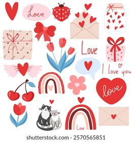 Cute set of stickers for Valentines day. Vector illustration different love and romantic elements, love, heart, flower. Collection for planner, greeting card, love letter or diary