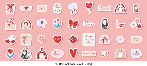 Cute set of stickers for Valentines day. Vector illustration different love and romantic elements, love, heart, flower. Collection for planner, greeting card, love letter or diary