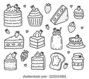 Cute set with strawberry desserts and drinks isolated on white background. Vector hand-drawn illustration in doodle style. Perfect for cards, menu, logo, decorations, stickers, various designs.
