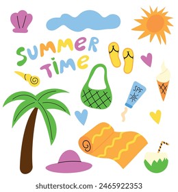 Cute set of summer beach elements in doodle style, hand drawn. Vector illustration of beach bag, sun, palm tree in cartoon style. Beach holiday concept.