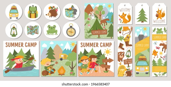 Cute set of Summer camp cards with forest animals, camping elements and kids. Vector square, round, vertical print templates. Active holidays or local tourism design for tags, postcards, ads
