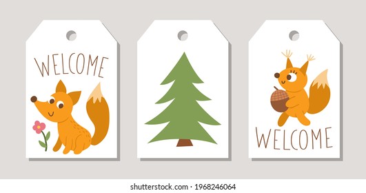 Cute set of Summer camp price tag templates or cards with cute forest animals, camping elements and kids. Vector vertical print templates. Active holidays or local tourism badge or label design 
