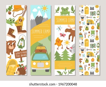 Cute set of Summer camp vertical cards with forest animals, camping elements and van. Vector forest trip print templates. Active holidays or local tourism bookmarks or banner designs pack

