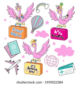 Cute set summer flamingos are flying with a suitcase and the inscription hello vacation, summer time, travel more. Vector illustration travel items