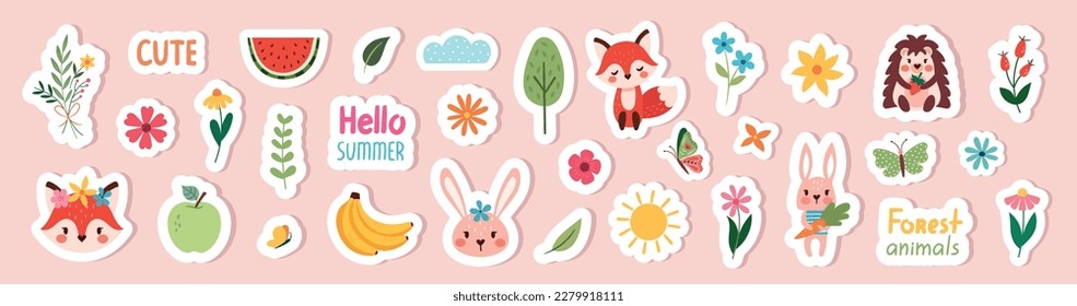 Cute set of summer stickers with animals, flowers, fruits and inscriptions