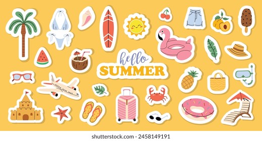 Pegatinas de verano lindas. Iconos de dibujos animados Elementos para vacaciones de verano, vacaciones en un complejo tropical. 
Hola verano. Estilo dibujado a mano. Fondo aislado naranja. 