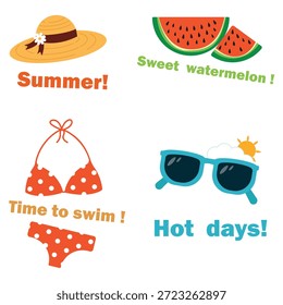 Un lindo conjunto de pegatinas de verano. Sombrero, sandía, traje de baño y gafas de sol con texto. Una colorida colección de Elementos de verano.