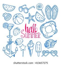 Cute set of summer symbols. Shells, ice cream, strawberries. hand-drawn illustration
