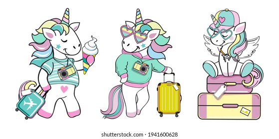 Cute set of summer unicorns with suitcases. Vector illustration of funny animals travelers. Design for t-shirts, greeting cards