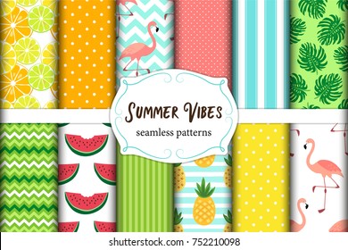 Cute set of Summer Vibes seamless patterns. Vector illustration.