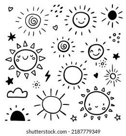 Rutschen Sie sich mit Sonnensymbolen auf. Hübsches, glückliches Smiley sonnt. Happy Doodles hellen und schönen Cartoon-Figuren. Vektorgrafik