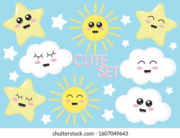 Cute set with suns, stars and clouds.