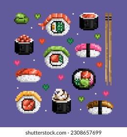 A cute set of sushi and rolls in the old 16-bit style. Vector illustration of Japanese cuisine with red fish, caviar, eel, tuna, avocado, wasabi, cheese, chopsticks. Popular tasty traditional food.