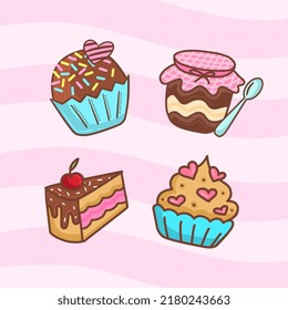 Cute set of sweets in drawing. Brigadeiro, Pot of cake, slice of cake and cupcake.