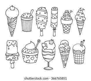 Cute set of tasty cartoon ice cream.  Collection of delicious ice cream with sprinkles and fruits. Elements for your summer desert menu. Doodle vector isolated on white and grouped for easy editing.
