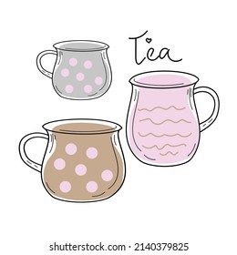 Cute Set Tea Cup hand drawn outline doodle icon