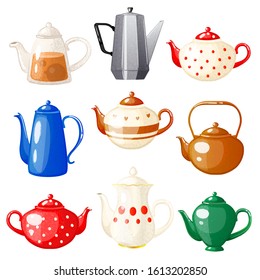 Cute set teapots on a white background. Сartoon style. Vector illustration.