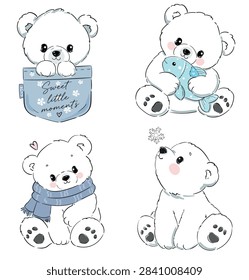 Cute Set Teddy Bear Character Collection with Blue Accessories and Fish Hand Drawn Vector Illustrations