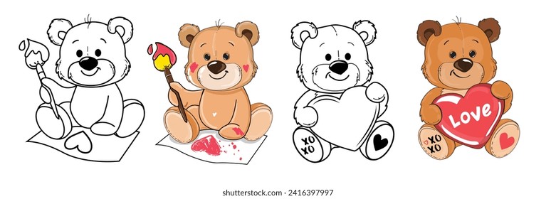 Un bonito conjunto con osos de peluche enamorados del corazón. Ilustración de dibujos animados. Tarjeta de San Valentín. Libro de coloración para niños