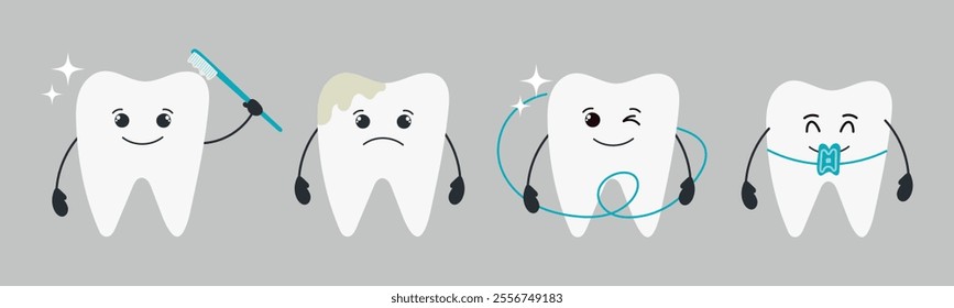 Cute set of teeth with different emotions. Different conditions of teeth. Tooth with toothbrush, braces, dental floss and tooth with caries and braces. Vector illustration of teeth with different