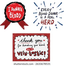 Cute set thank you for donating your blood superhero hero badge text in crayon watercolor illustration clipart sticker happy international world blood donor donation day certificate appreciation